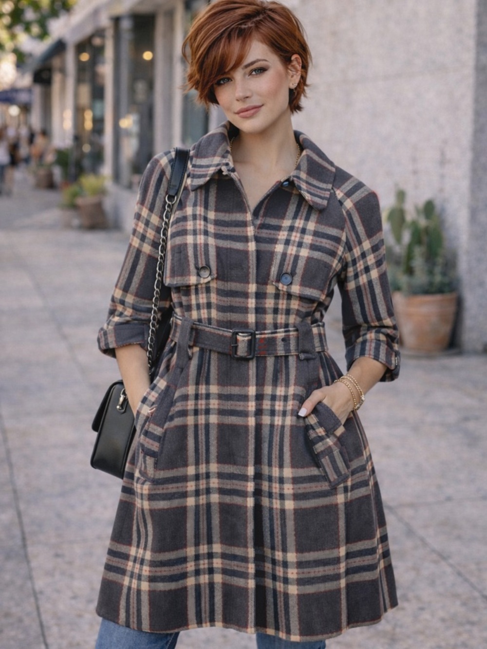 BB Dakota Plaid Belted Coat‎ Dress|| Chic Trench Style Jacket | Large
